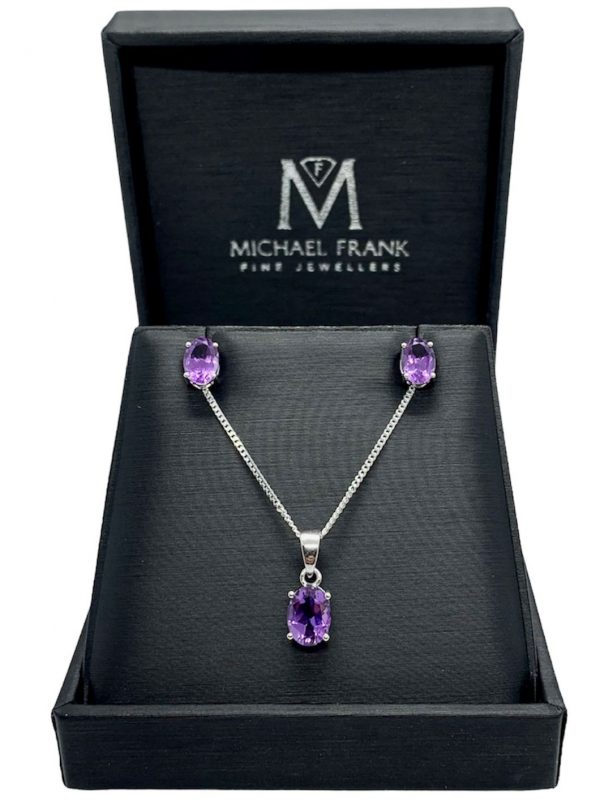 Silver Amethyst Oval Cut Pendant and Earring Set