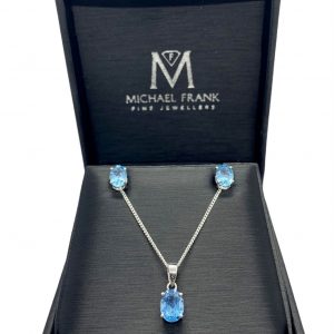 Silver Blue Topaz Oval Cut Pendant and Earring Set