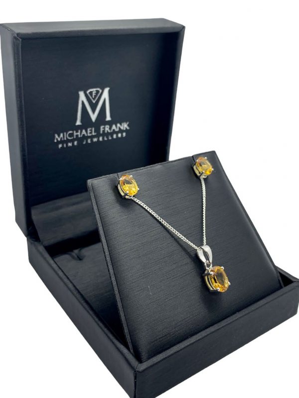 Silver Citrine Oval Cut Pendant and Earring Set