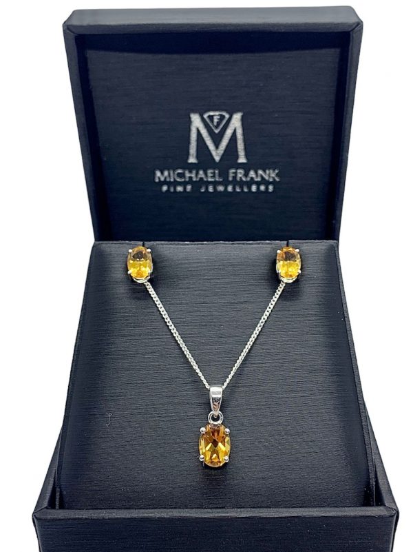 Silver Citrine Oval Cut Pendant and Earring Set