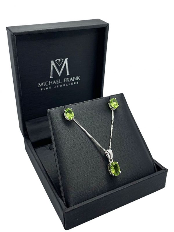 Silver Peridot Oval Cut Pendant and Earring Set