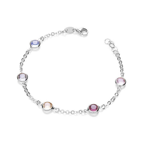 Silver 5 Multi Coloured Rubover Cz's  Bracelet