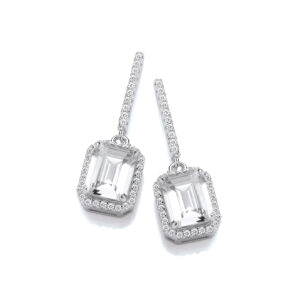 Silver Emerald Cut CZ Halo Silver Drop Earrings