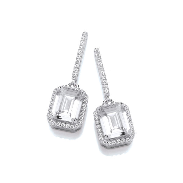 Silver Emerald Cut CZ Halo Silver Drop Earrings