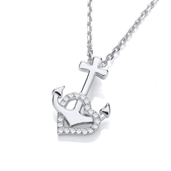 Anchor CZ Heart Silver Pendant with Chain